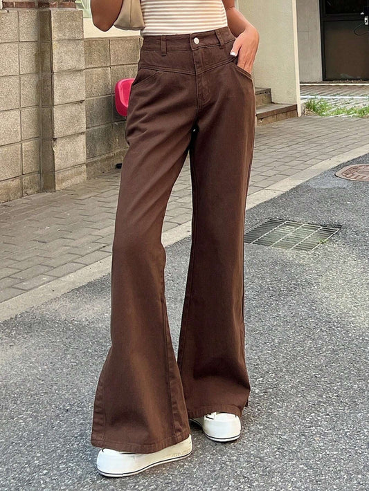 CM-BS292422 Women Casual Seoul Style Drop Waist Solid Flare Leg Jeans - Brown