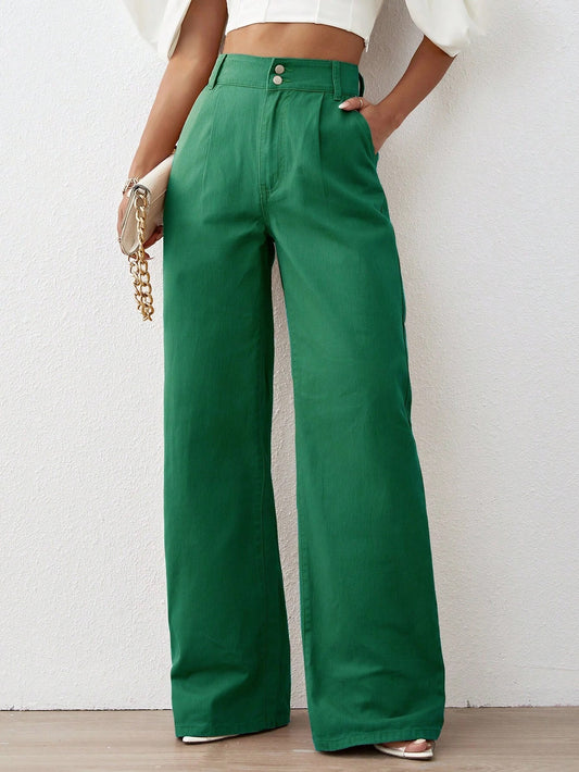 CM-BS777770 Women Preppy Seoul Style Solid High Waist Wide Leg Jeans - Dark Green