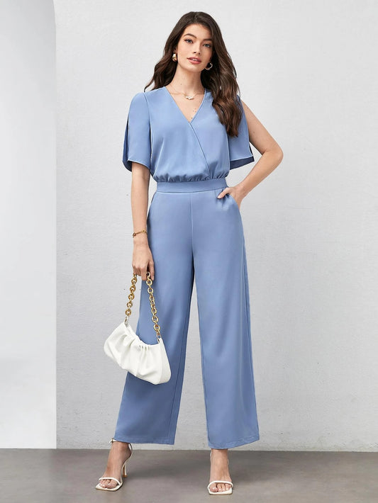 CM-JS547371 Women Elegant Seoul Style Surplice Neck Split Sleeve Wide Leg Jumpsuit - Blue
