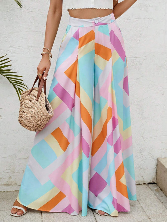 CM-BS791989 Women Trendy Bohemian Style Geometric Print Wide Leg Pants