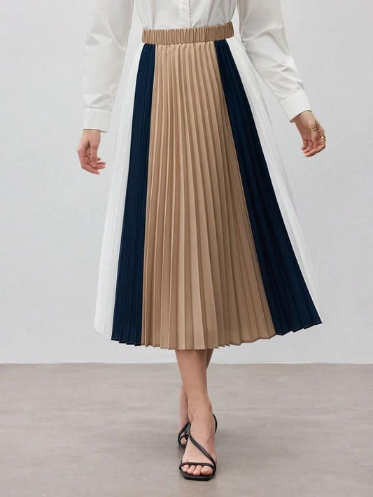 CM-BS589898 Women Elegant Seoul Style Colorblock Elastic Waist Pleated Midi Skirt
