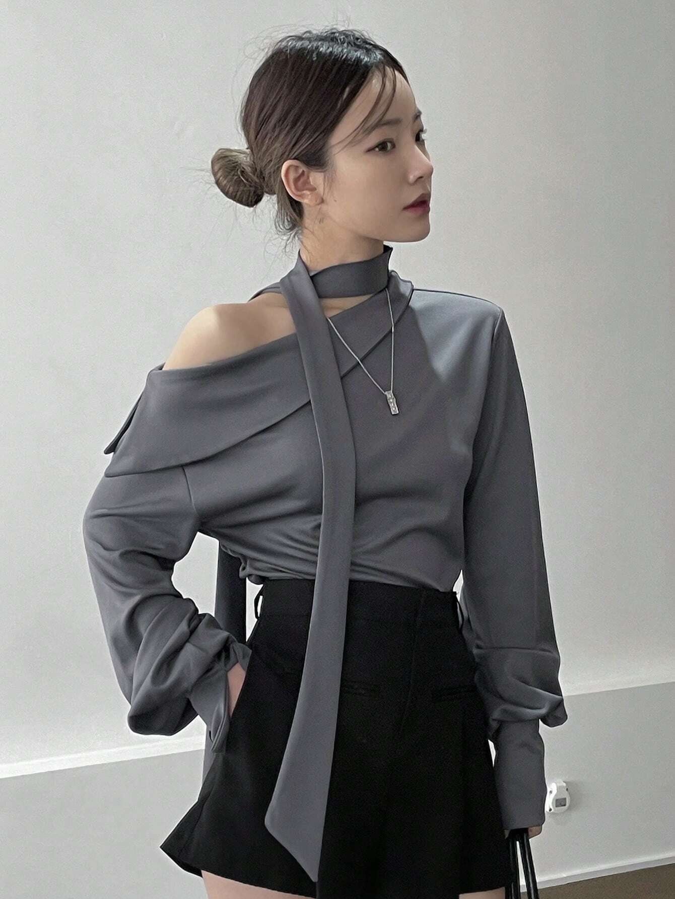 CM-TS926000 Women Casual Seoul Style Solid Asymmetrical Neck Drop Shoulder Blouse With Tie
