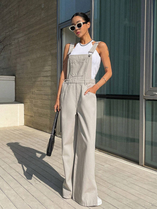 CM-JS523211 Women Casual Seoul Style Solid Slant Pocket Denim Overalls - Light Gray