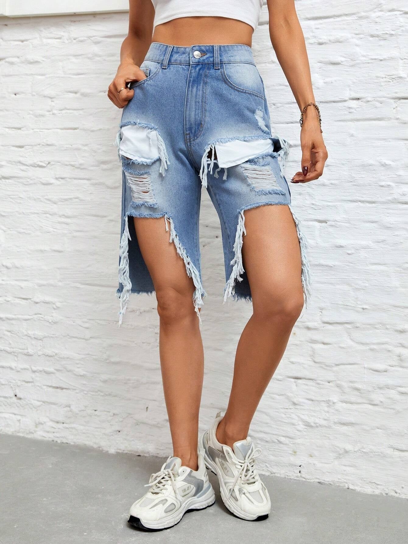 CM-BS016604 Women Casual Seoul Style Light Wash Ripped Raw Hem Denim Shorts