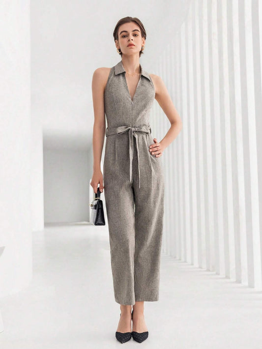 CM-JS410070 Women Elegant Seoul Style Sleeveless Solid Belted Halter Jumpsuit - Gray