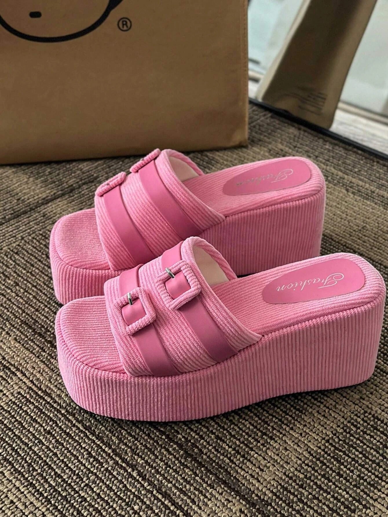 CM-SHS048522 Women Trendy Seoul Style Buckle Decor Faux Suede Wedge Slide Sandals - Pink