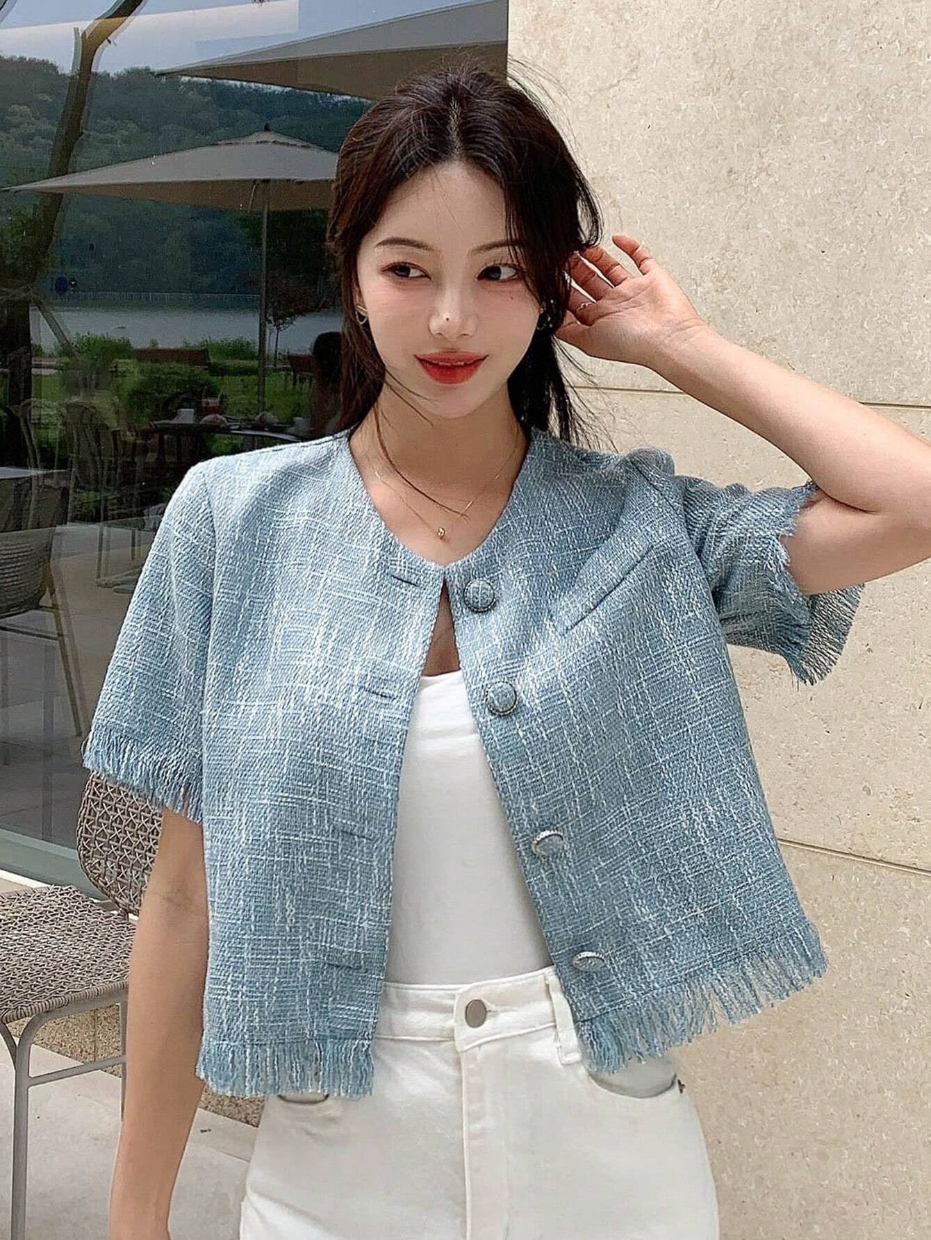 CM-TS652251 Women Casual Seoul Style Solid Button Front Raw Hem Crop Blouse - Dusty Blue
