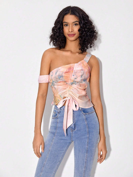 CM-TS157526 Women Casual Seoul Style Asymmetrical Neck Drawstring Ruched Front Crop Top