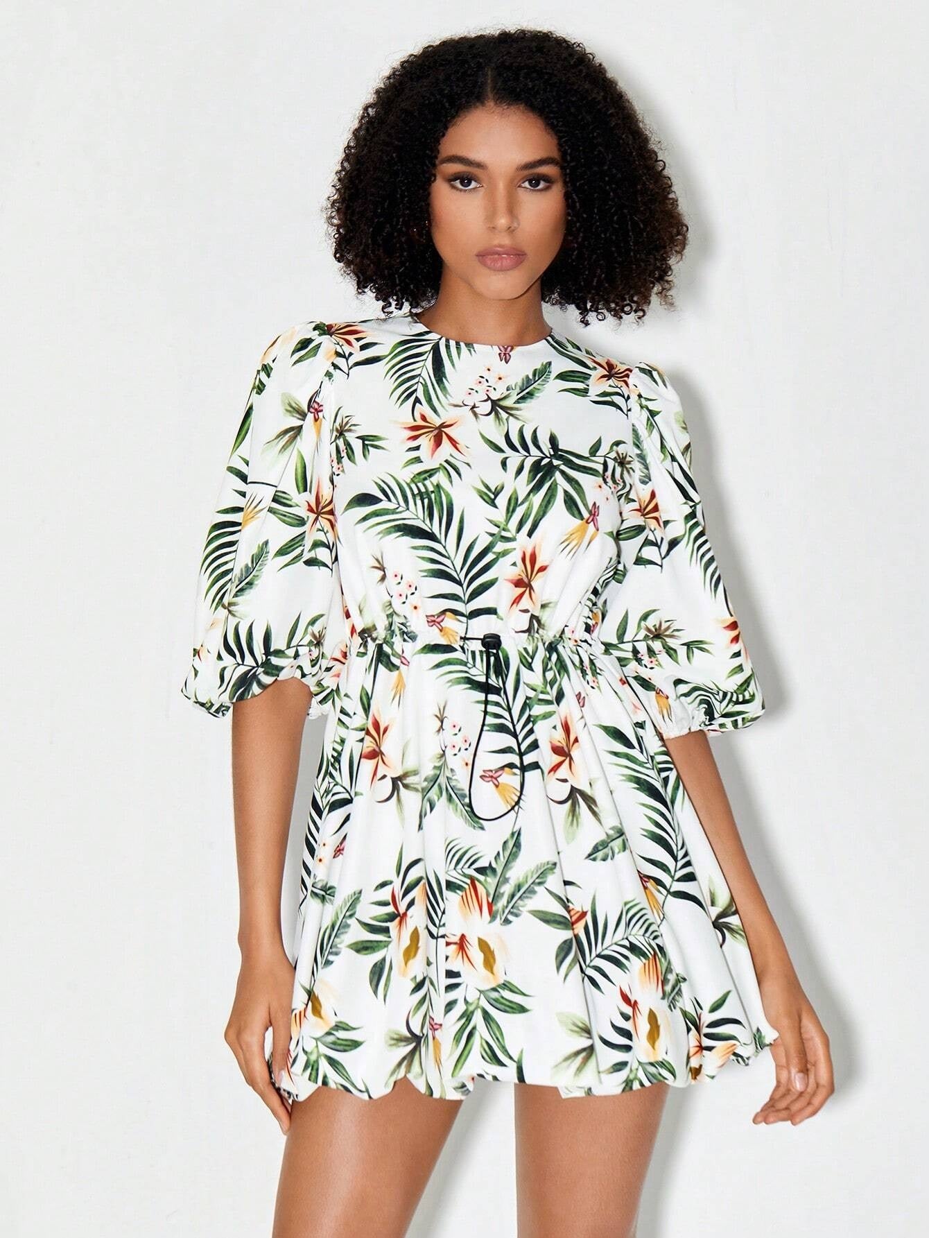 CM-DS220570 Women Trendy Bohemian Style Tropical Print Puff Sleeve Drawstring Waist Dress
