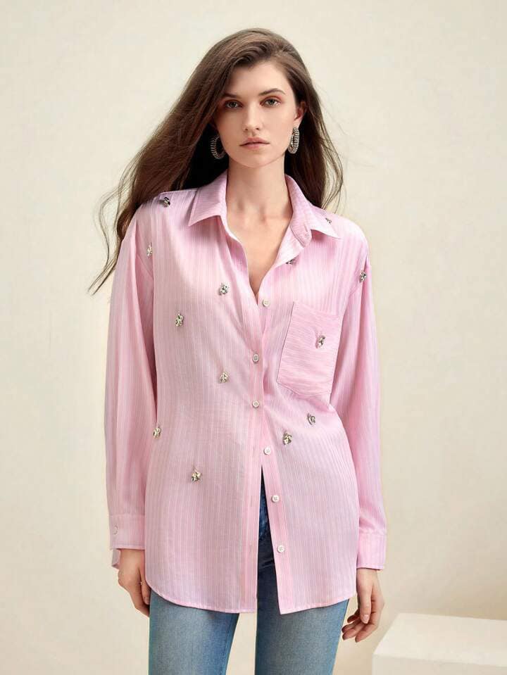 CM-TS839563 Women Casual Seoul Style Oversized Striped Diamond Decoration Shirt - Pink