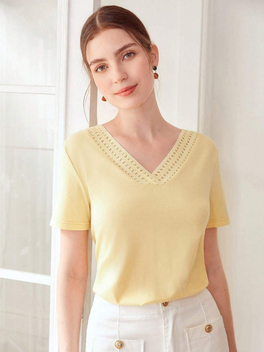 CM-TS685628 Women Casual Seoul Style Lace V-Neck Short Sleeve T-Shirt - Yellow