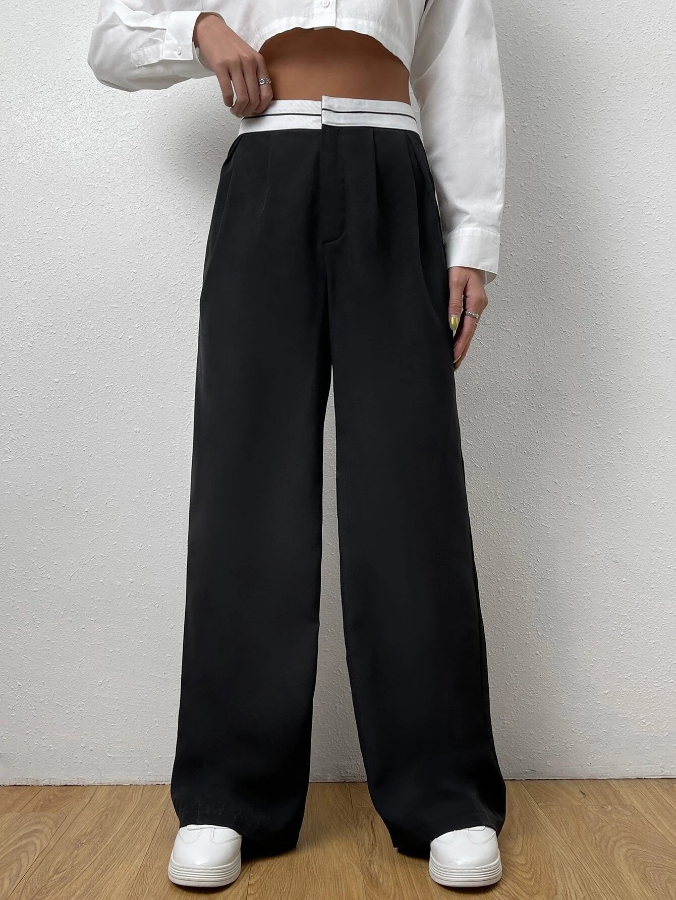 CM-BS783068 Women Casual Seoul Style Striped Waistband Wide Leg Pants - Black