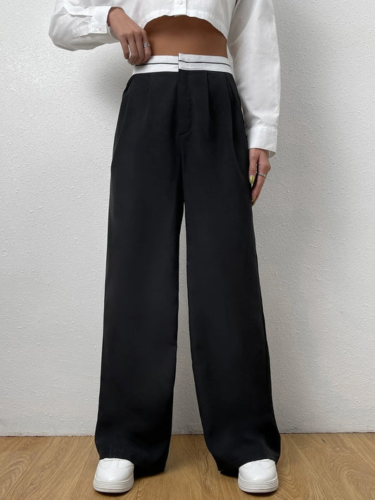 CM-BS783068 Women Casual Seoul Style Striped Waistband Wide Leg Pants - Black