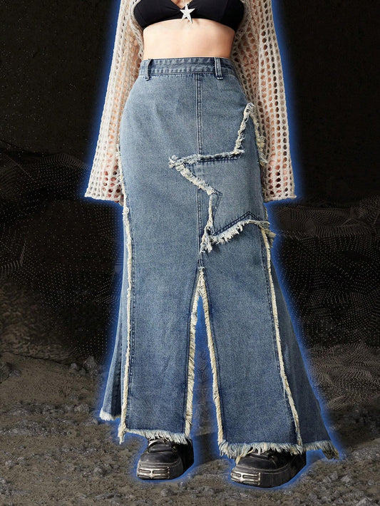 CM-BS491119 Women Preppy Seoul Style Punk Star Pattern Raw Trim Split Thigh Denim Skirt