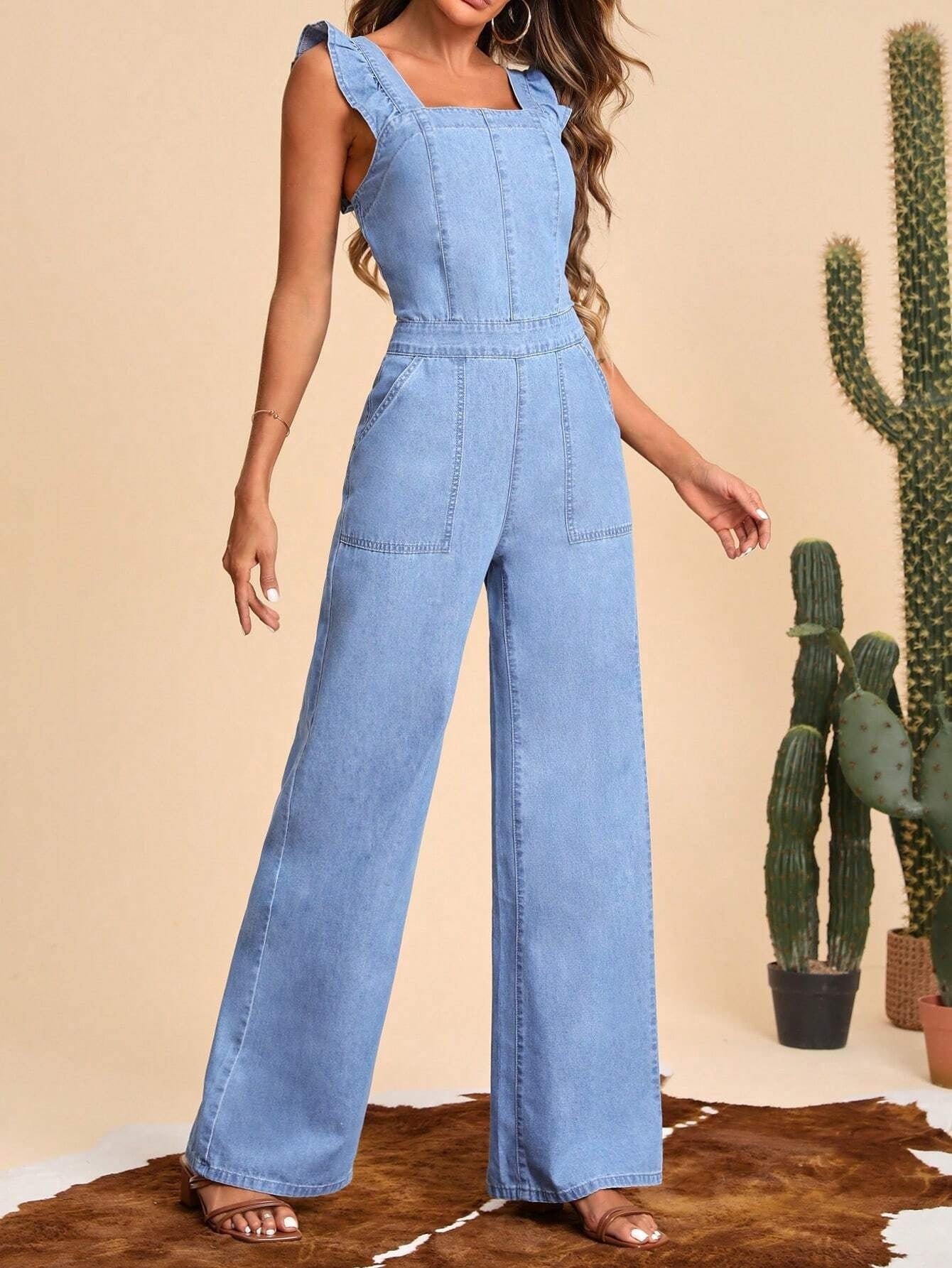 CM-JS626863 Women Preppy Seoul Style Light Wash Ruffle Trim Wide Leg Denim Jumpsuit