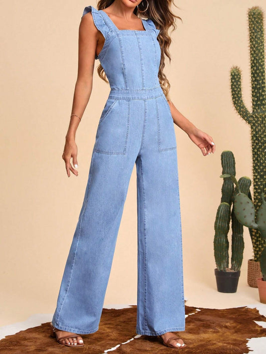 CM-JS626863 Women Preppy Seoul Style Light Wash Ruffle Trim Wide Leg Denim Jumpsuit
