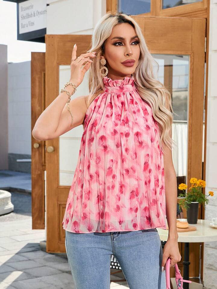 CM-TS562728 Women Casual Seoul Style Halter Neck Ruffle Trim Pleated Sleeveless Shirt - Baby Pink