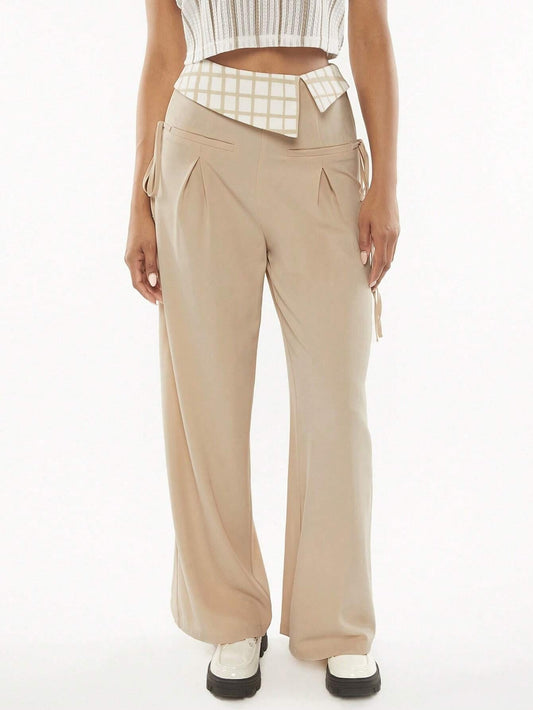 CM-BS972733 Women Casual Seoul Style Plaid Print Fold Pleated Detail Wide Leg Pants
