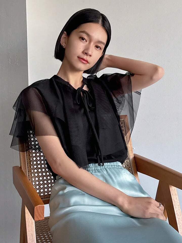 CM-TS736396 Women Casual Seoul Style Tie Neck Mesh Patchwork Short Sleeve Shirt - Black