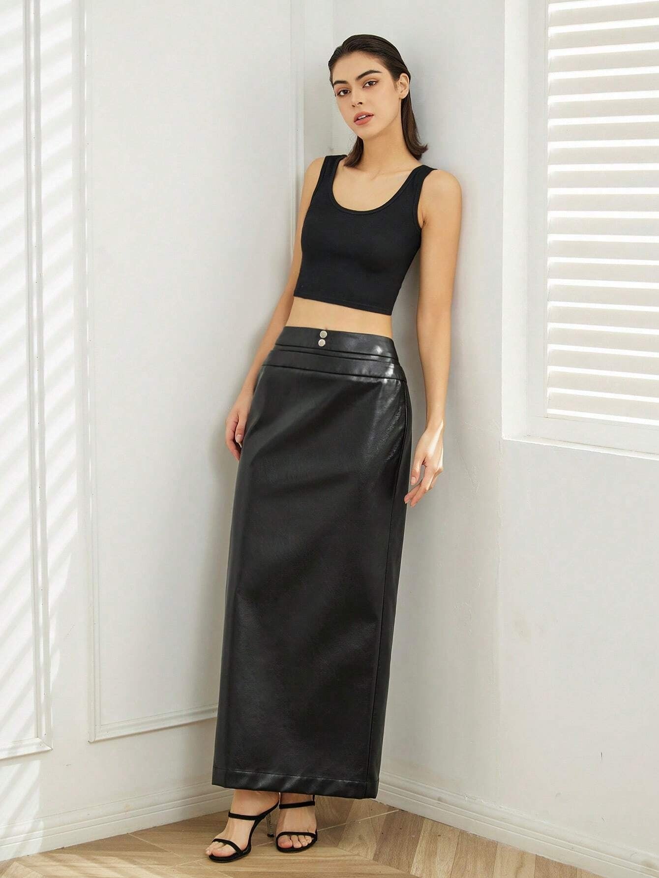 CM-BS351464 Women Casual Seoul Style PU Leather Straight Skirt - Black