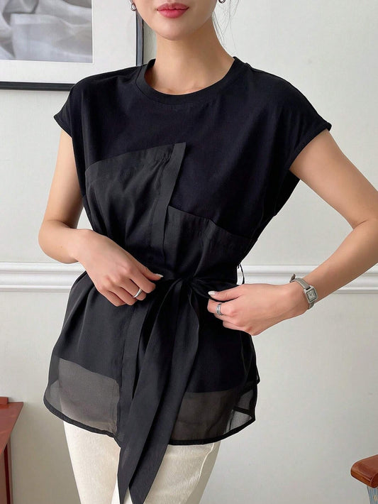 CM-TS603303 Women Casual Seoul Style Solid Belted Mesh Overlay Belted Tee - Black