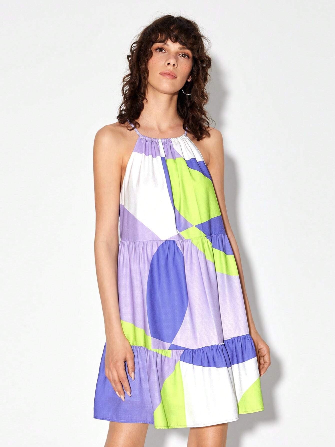CM-DS824168 Women Casual Seoul Style Sleeveless Colorblock Ruffle Hem Cami Dress
