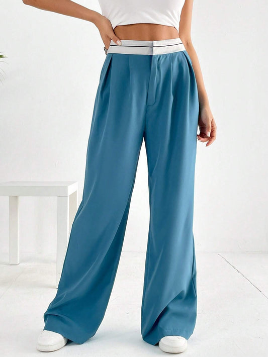 CM-BS261737 Women Casual Seoul Style Striped Waistband Wide Leg Pants - Cadet Blue