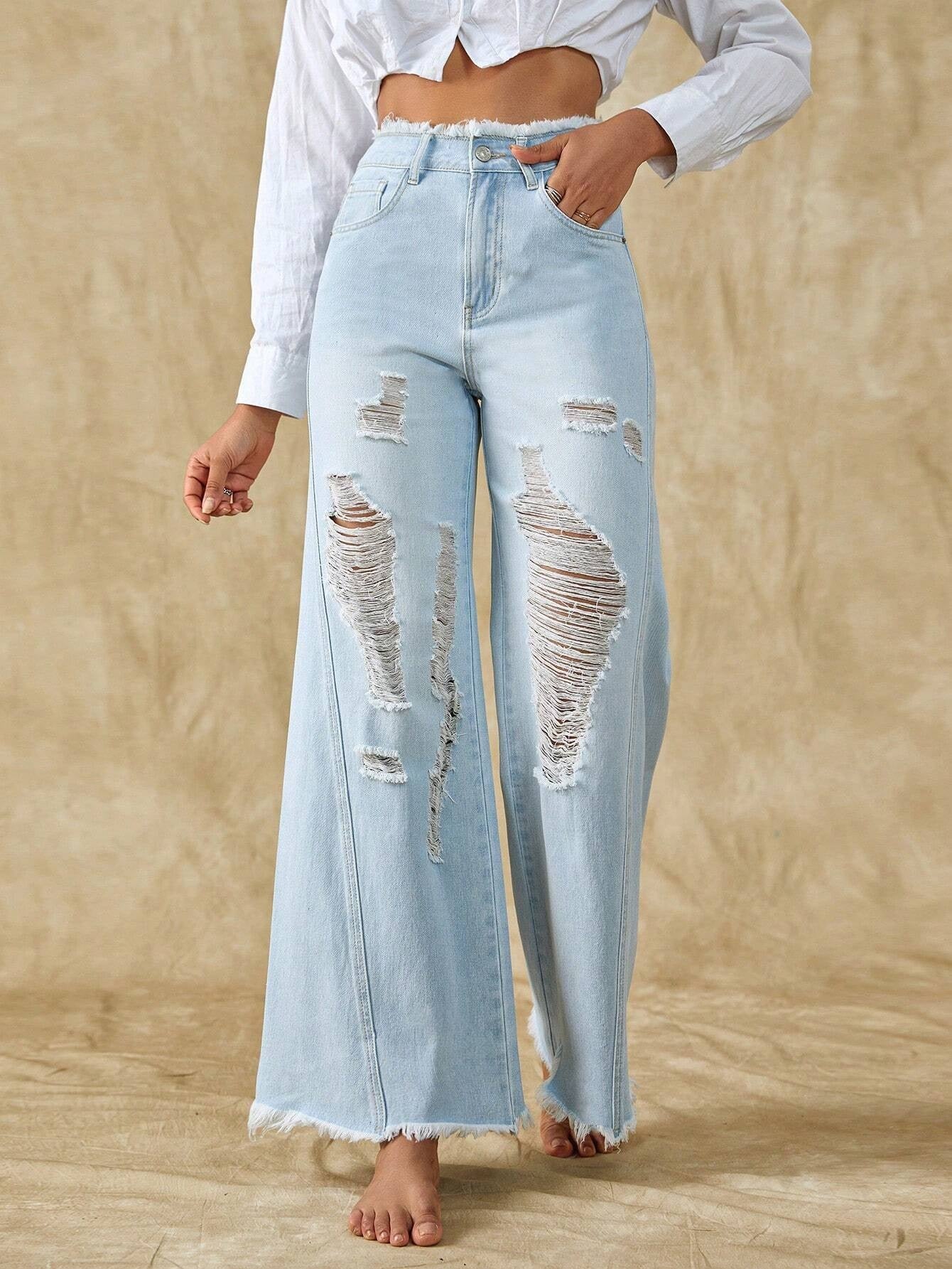 CM-BS716173 Women Casual Seoul Style Light Wash Ripped Raw Hem Wide Leg Jeans