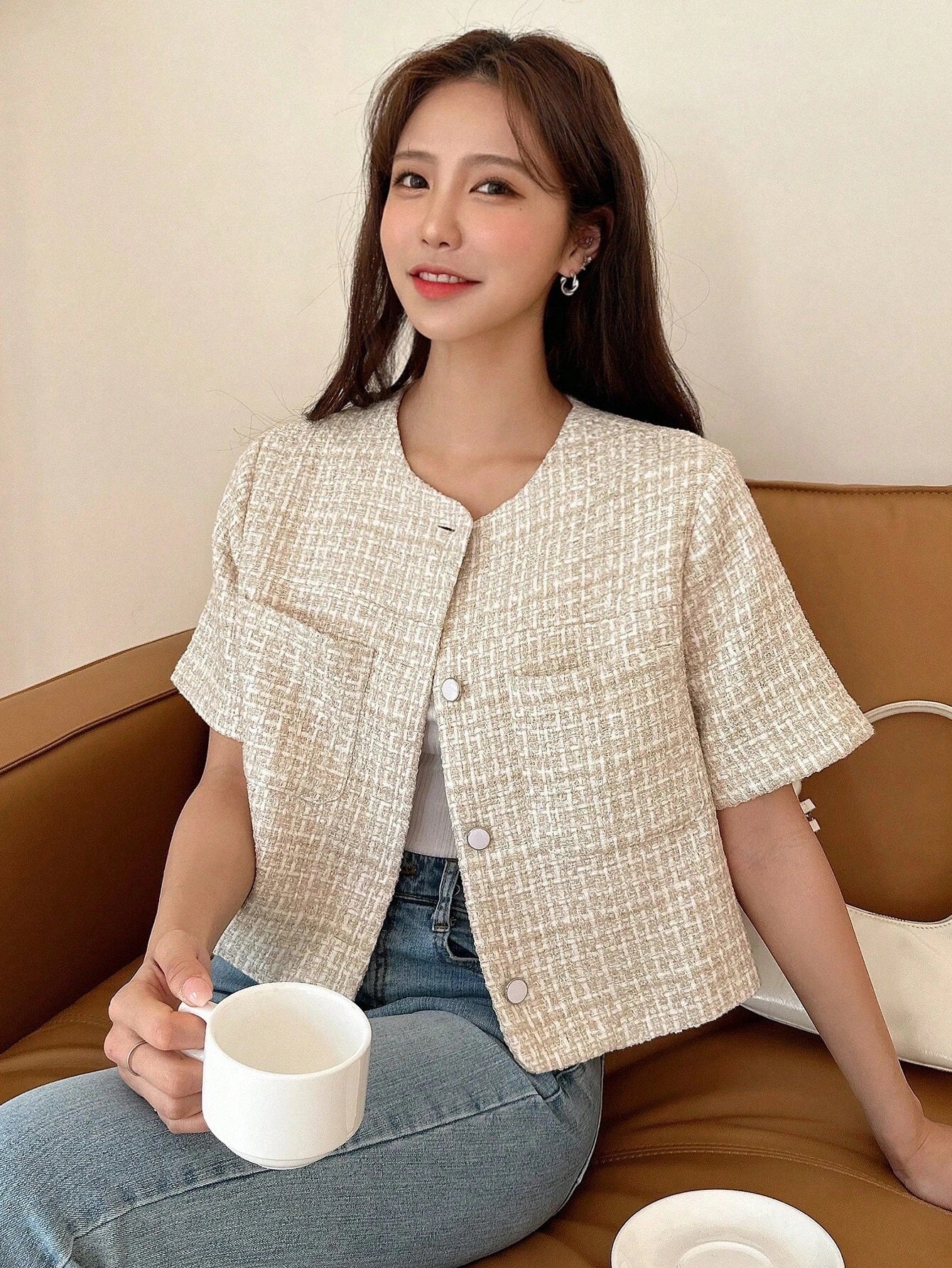 CM-CS839646 Women Elegant Seoul Style Plaid Dual Pocket Tweed Overcoat - Apricot