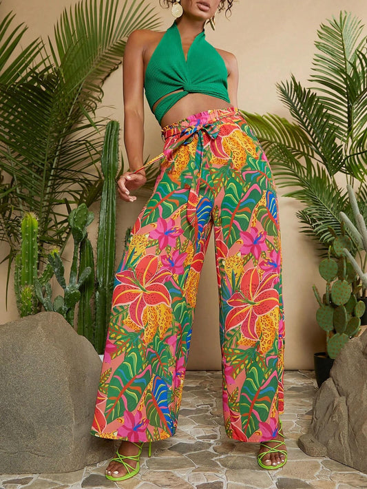 CM-BS632636 Women Trendy Bohemian Style Tropical Print Belted Wide Leg Pants