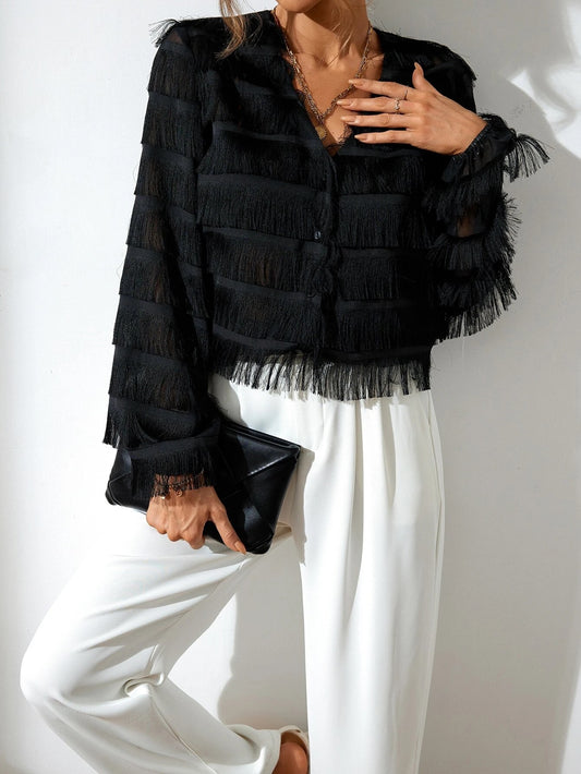 CM-TS384825 Women Elegant Seoul Style Fringe Trim Button Front Crop Blouse - Black