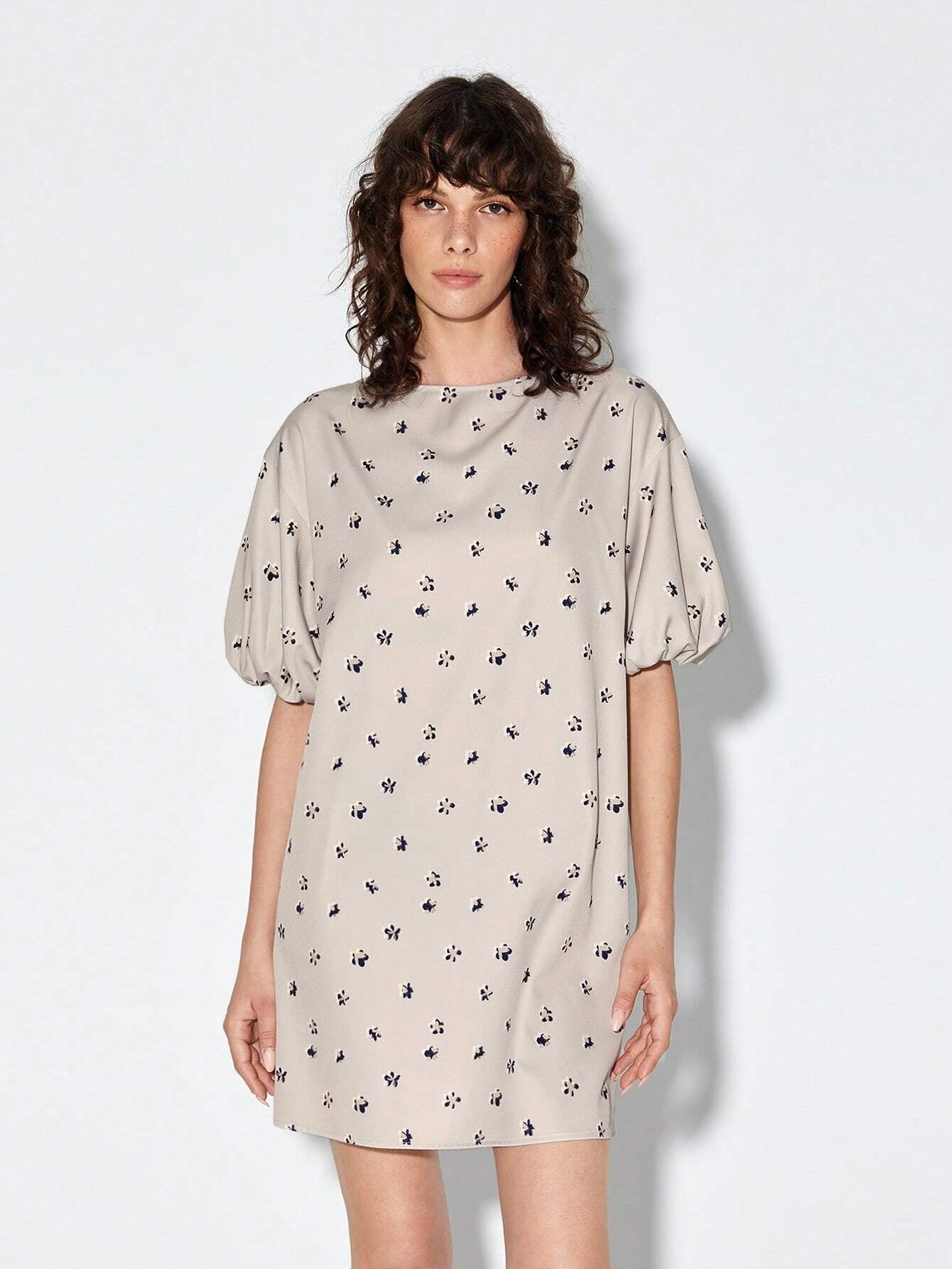 CM-DS442495 Women Casual Seoul Style Tie Back Allover Print Puff Sleeve Dress
