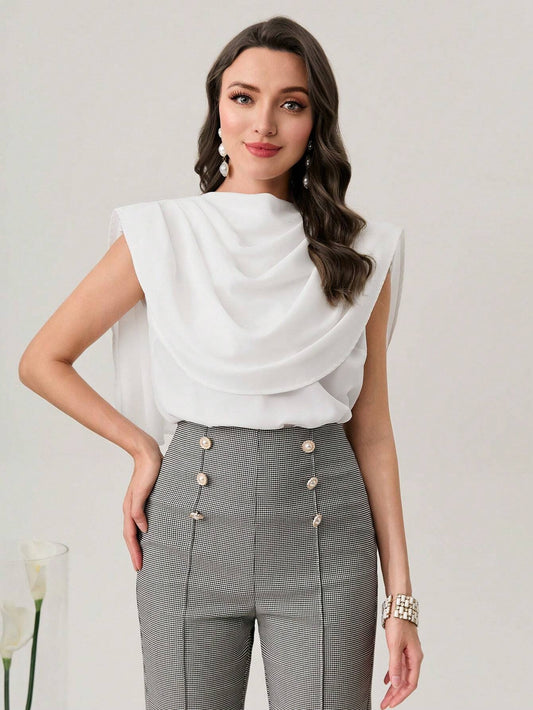 CM-TS051323 Women Causal Seoul Style Sleeveless Solid Shoulder Pad Blouse - White