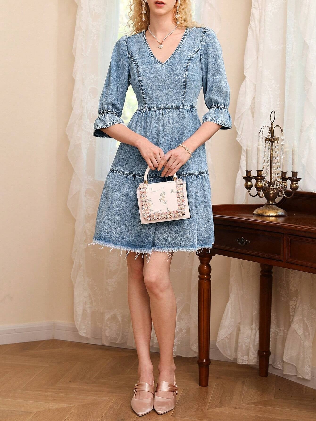 CM-DS670748 Women Preppy Seoul Style Medium Wash Flare Sleeve Raw Hem Denim Dress