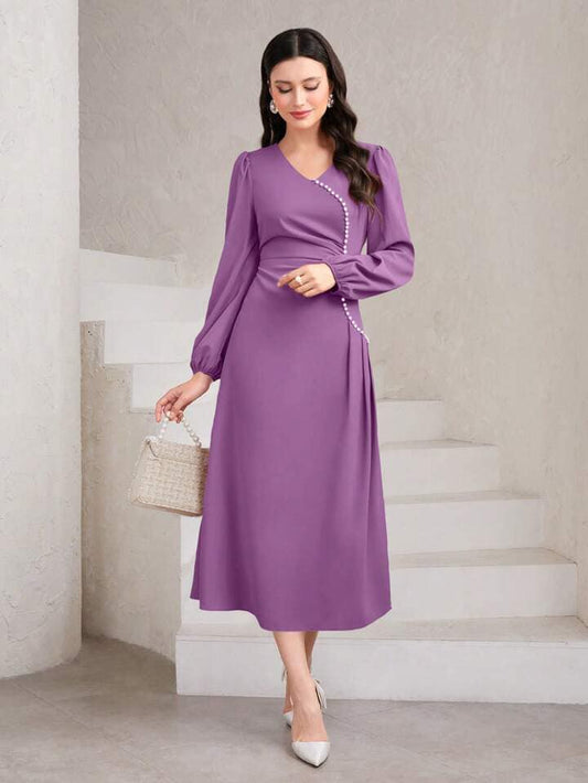CM-DS369703 Women Elegant Seoul Style V-Neck Long Sleeve Waist-Cinched Dress - Purple