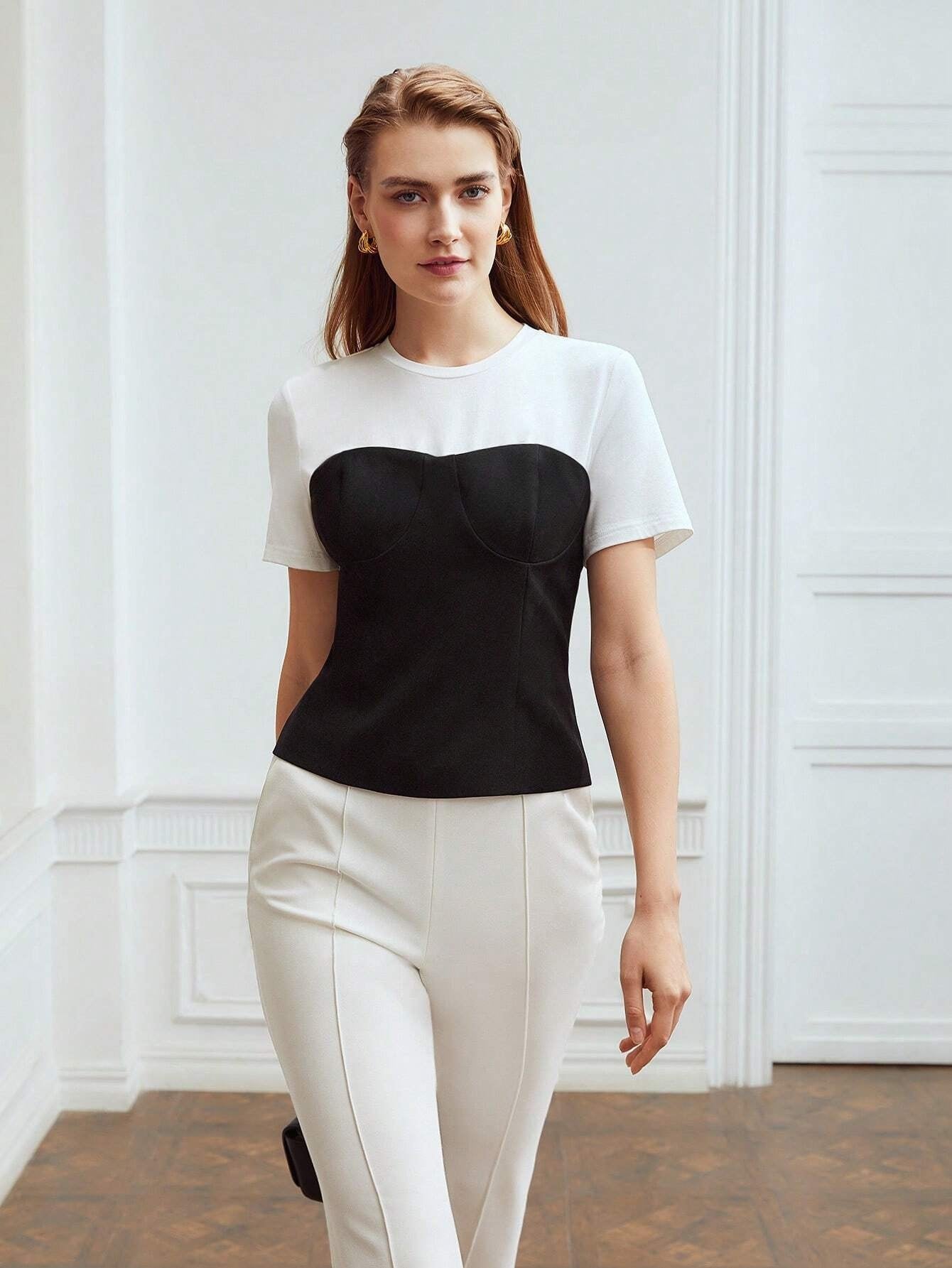 CM-TS320264 Women Casual Seoul Style Round Neck Short Sleeve Two Tone Spliced T-Shirt
