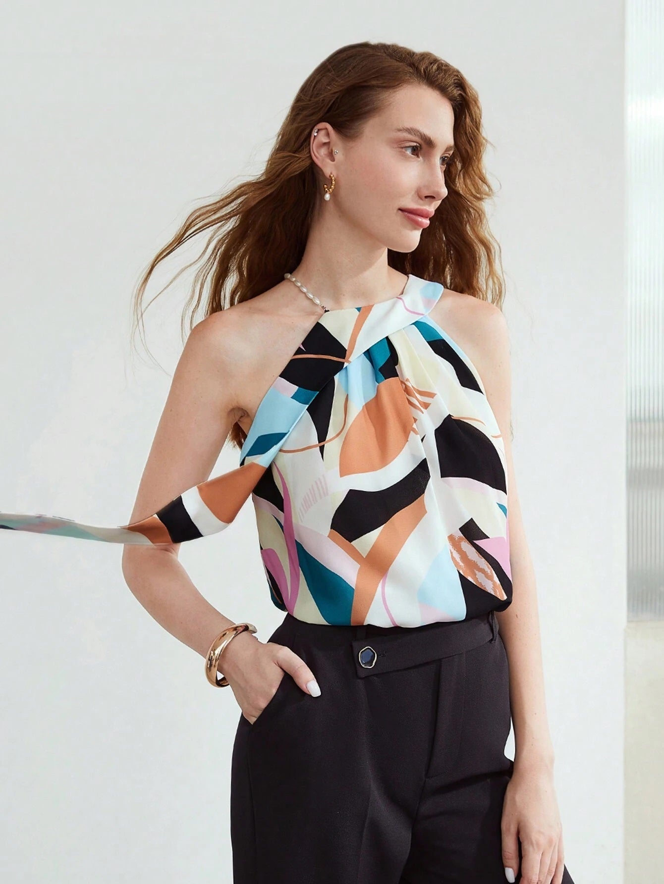 CM-TS411579 Women Elegant Seoul Styel Sleeveless Geometric Print Draped Blouse