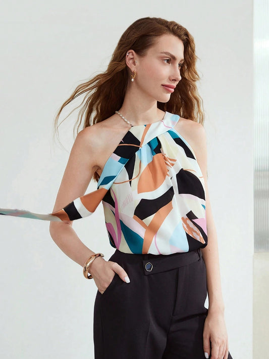 CM-TS411579 Women Elegant Seoul Styel Sleeveless Geometric Print Draped Blouse