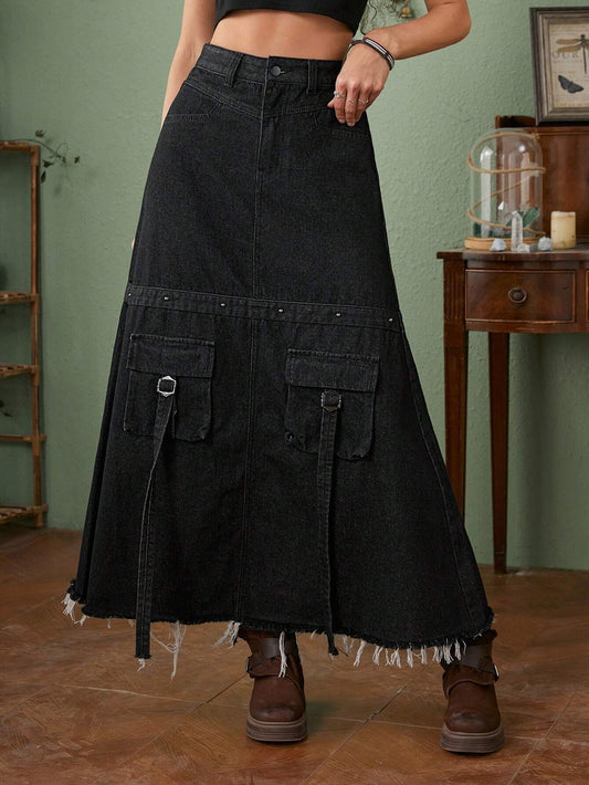 CM-BS160014 Women Preppy Seoul Style Flap Pocket Raw Hem Denim Skirt - Black