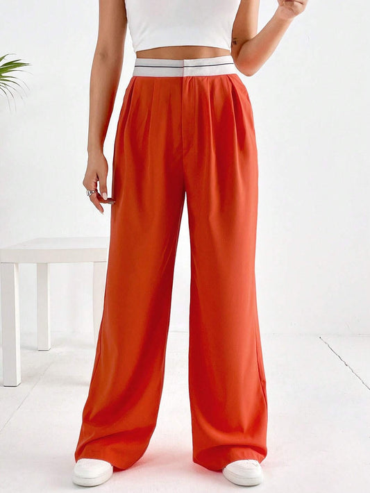 CM-BS128925 Women Casual Seoul Style Striped Waistband Wide Leg Pants - Burnt Orange