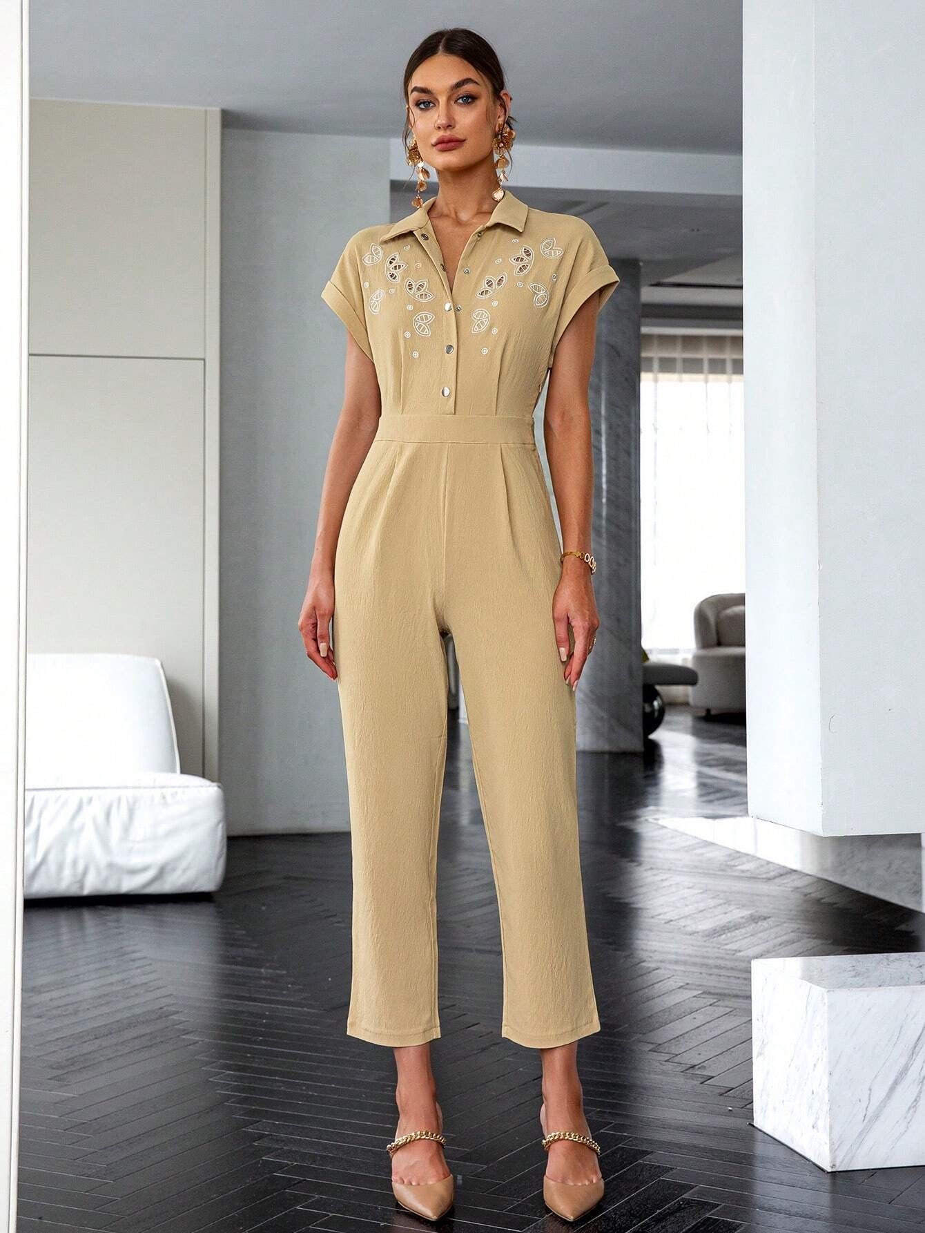 CM-JS811510 Women Elegant Seoul Style Floral Embroidery Batwing Sleeve Fold Pleated Shirt Jumpsuit