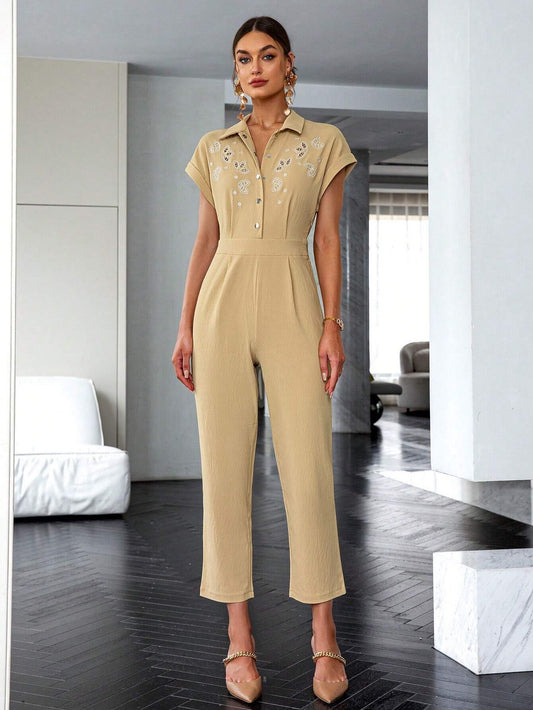 CM-JS811510 Women Elegant Seoul Style Floral Embroidery Batwing Sleeve Fold Pleated Shirt Jumpsuit