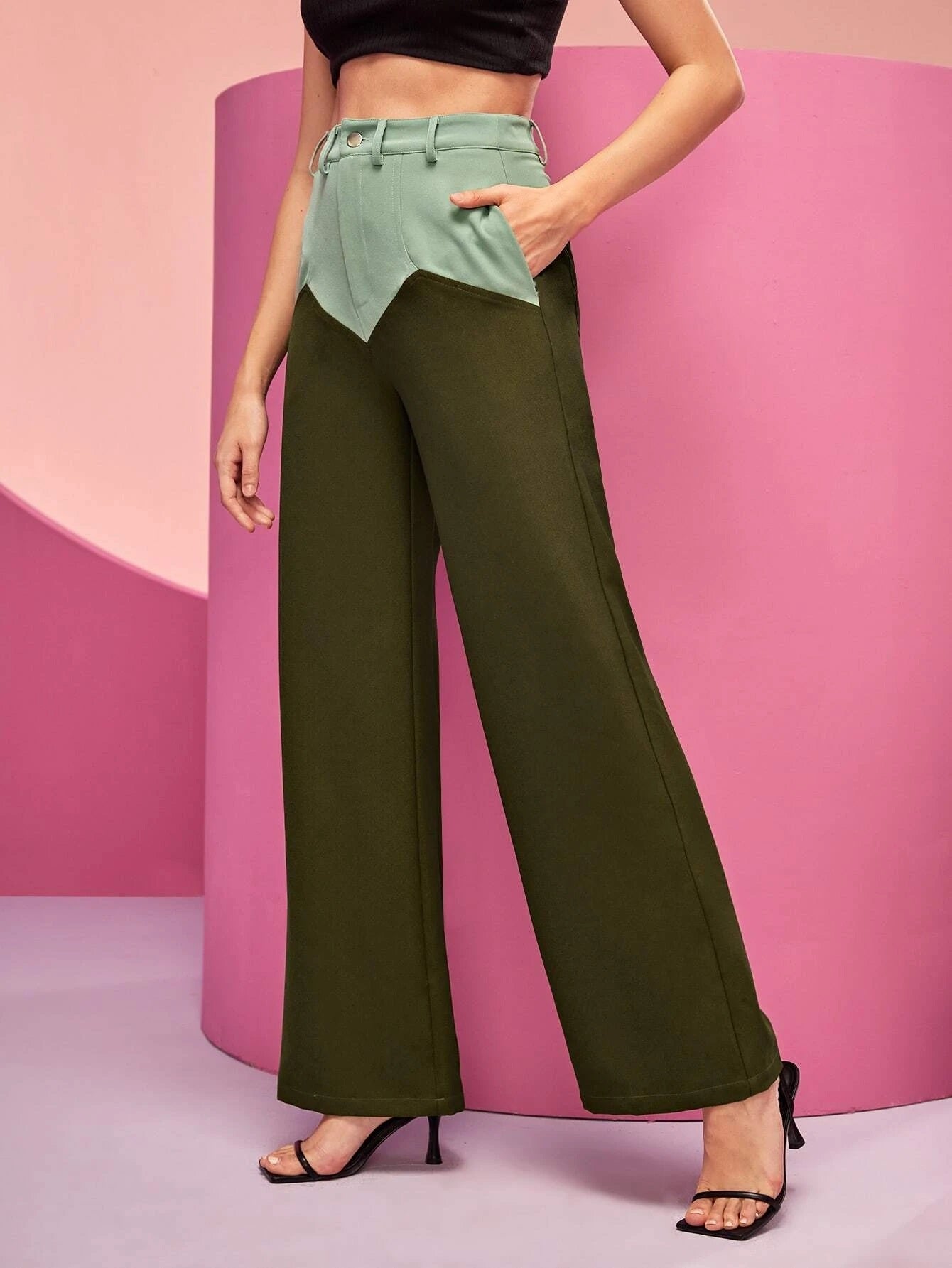 CM-BS044454 Women Elegant Seoul Style High Waist Color Block Wide Leg Pants - Army Green