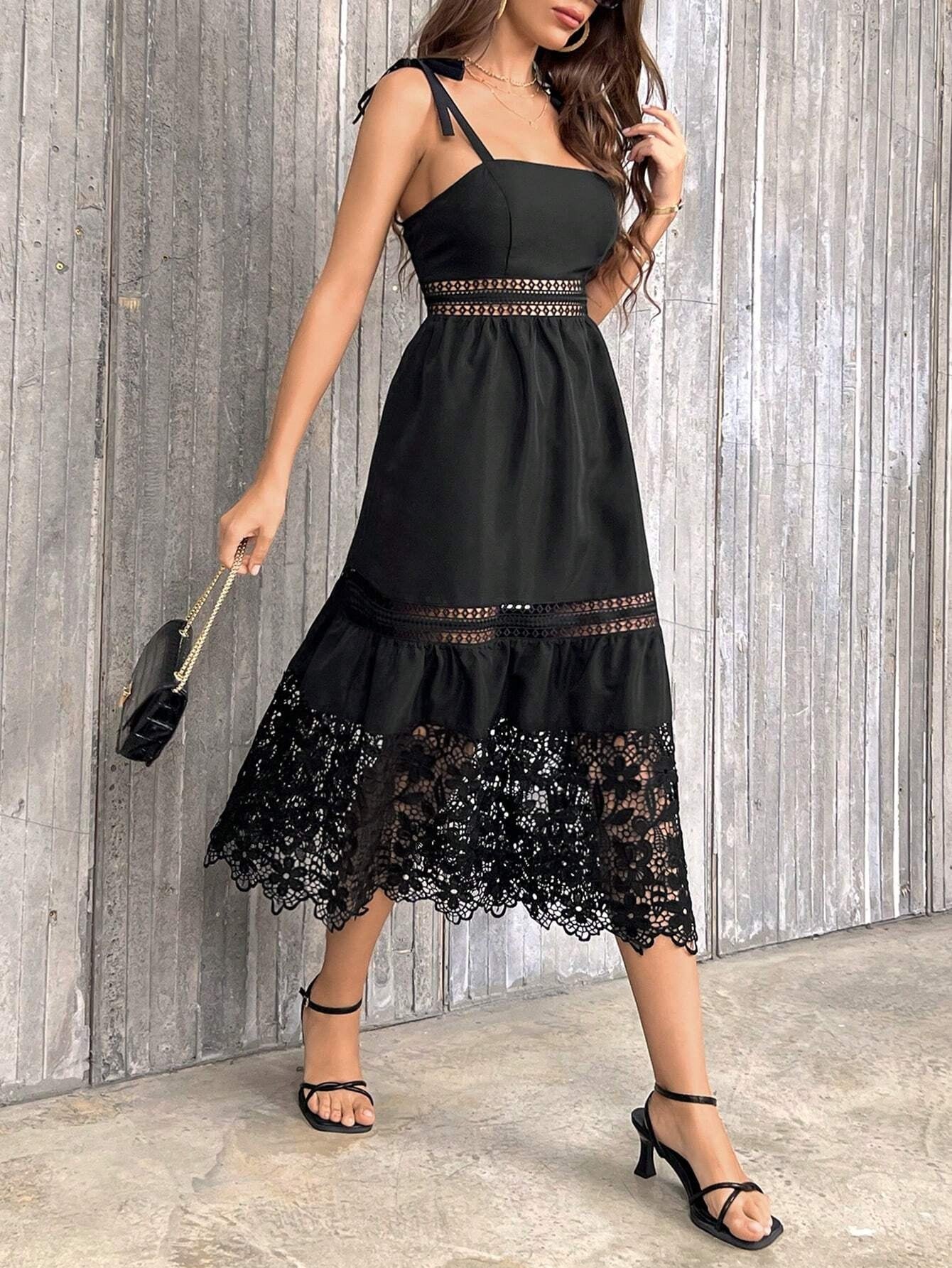CM-DS276337 Women Trendy Bohemian Style Guipure Lace Insert Tie Shoulder Ruffle Hem Cami Dress