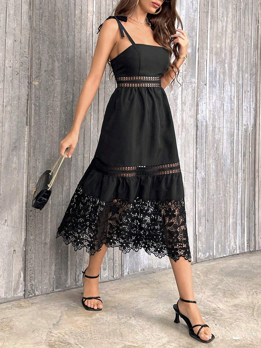 CM-DS276337 Women Trendy Bohemian Style Guipure Lace Insert Tie Shoulder Ruffle Hem Cami Dress