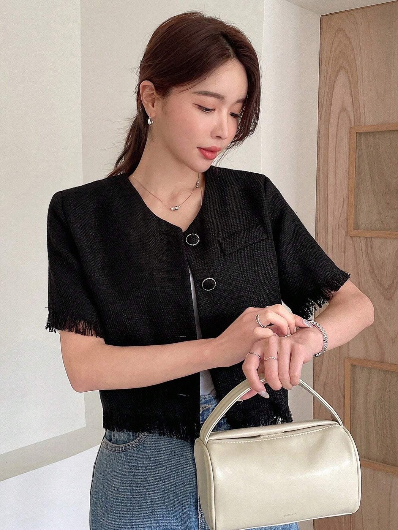 CM-TS199329 Women Casual Seoul Style Solid Button Front Raw Hem Crop Blouse - Black