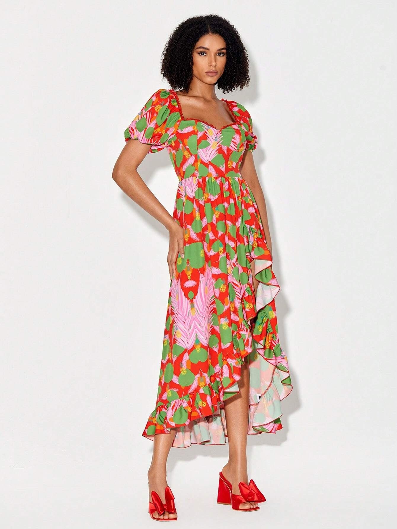 CM-DS186692 Women Trendy Bohemian Style Print Puff Sleeve Asymmetrical Ruffle Hem Dress