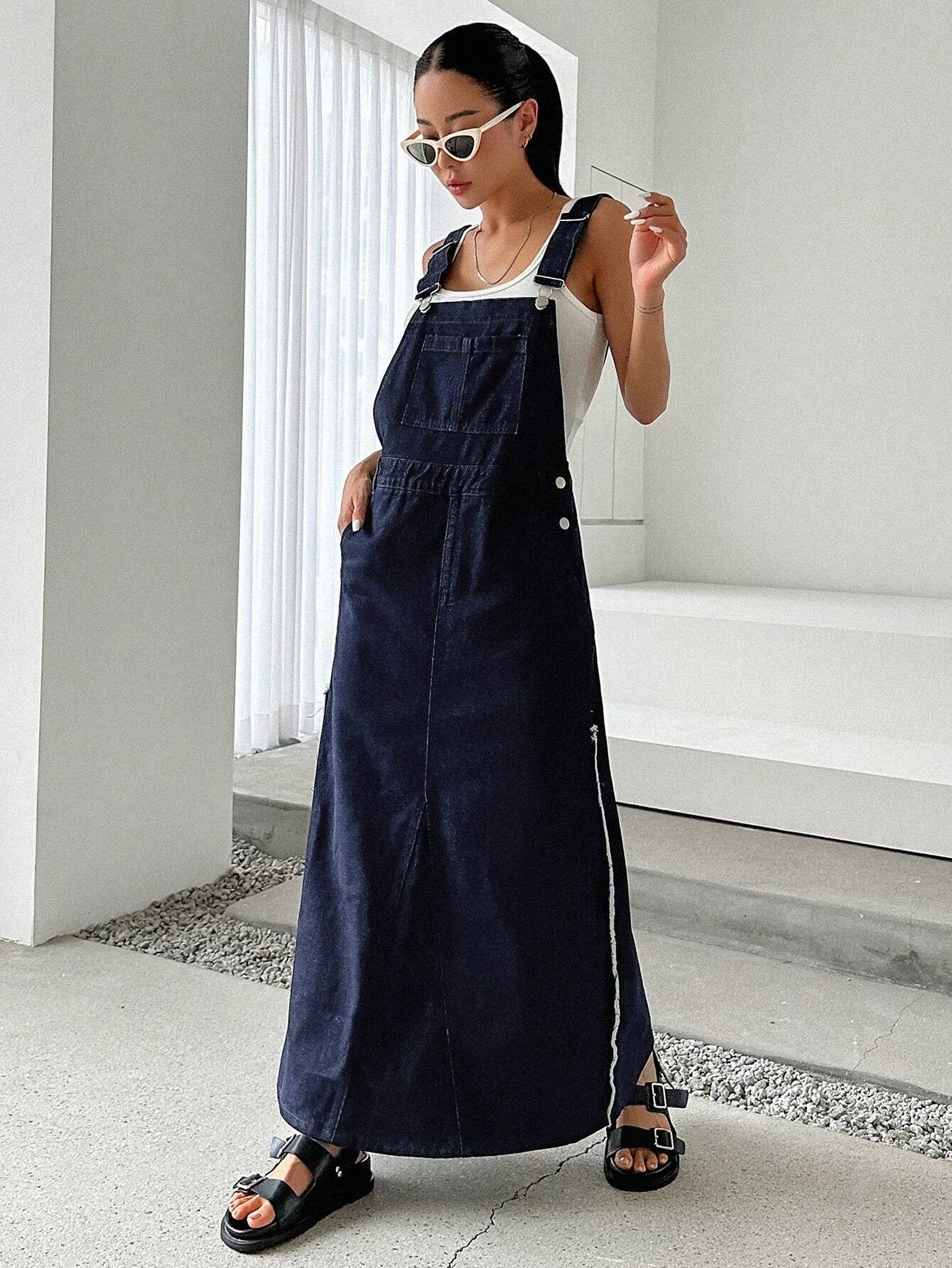 CM-DS985371 Women Preppy Seoul Style Slant Pocket Overall Denim Dress - Blue
