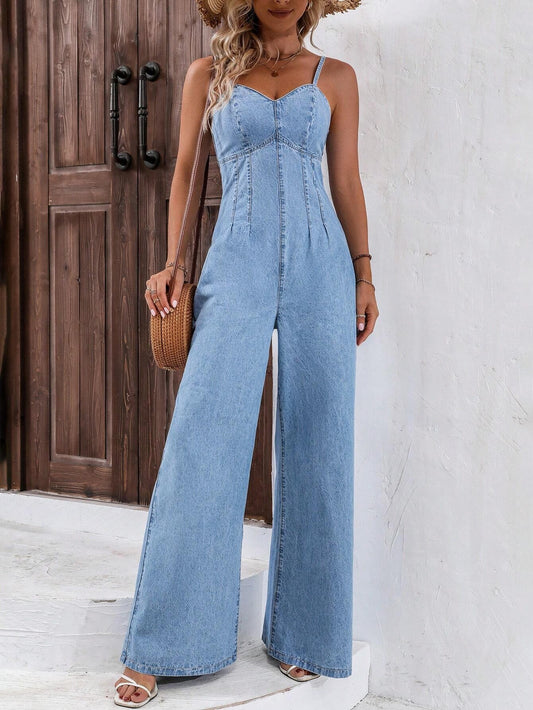 CM-JS445116 Women Preppy Seoul Style Zip Back Wide Leg Denim Cami Jumpsuit