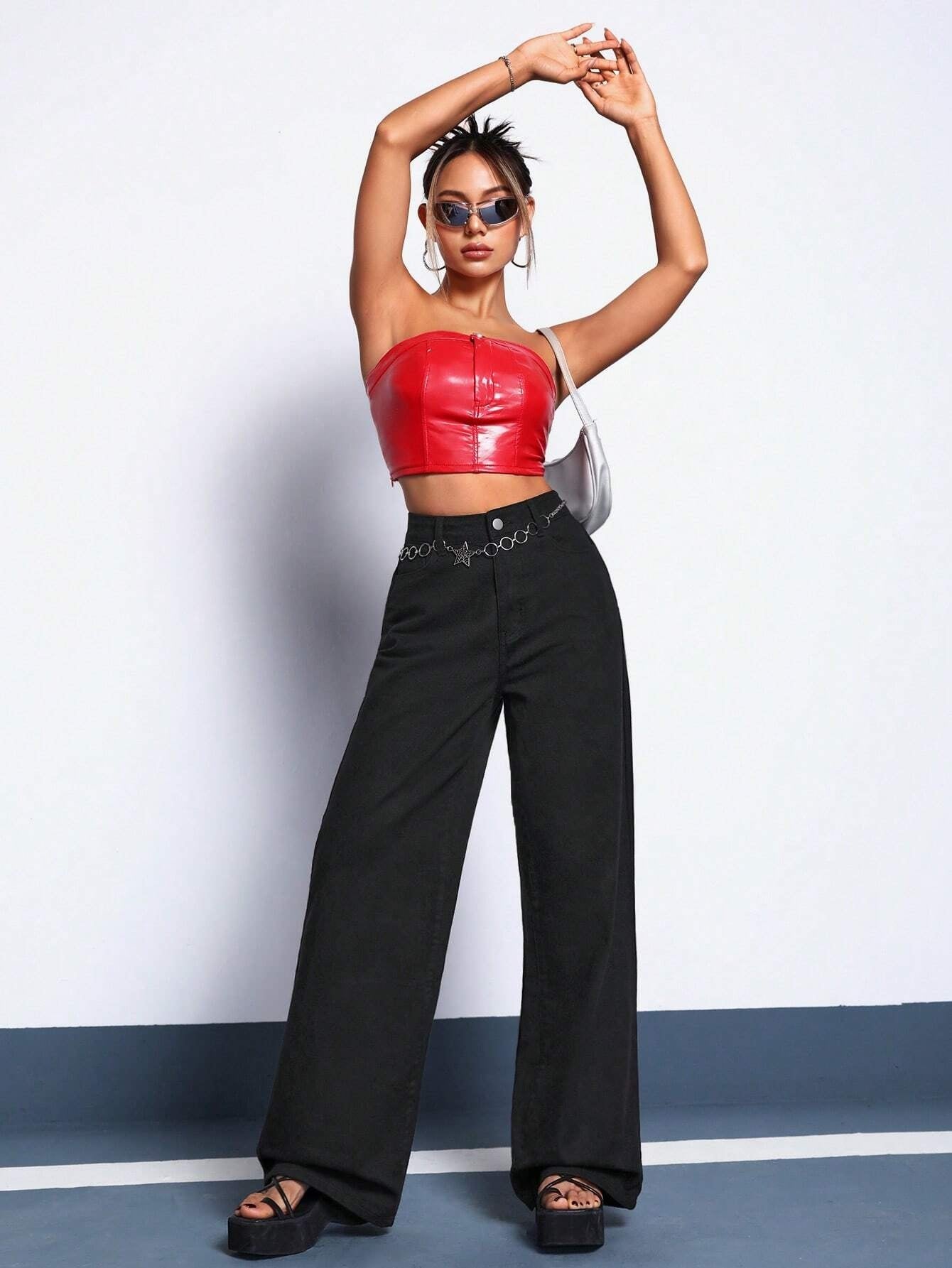 CM-BS066776 Women Casual Seoul Style Solid Wide Leg Jeans - Black